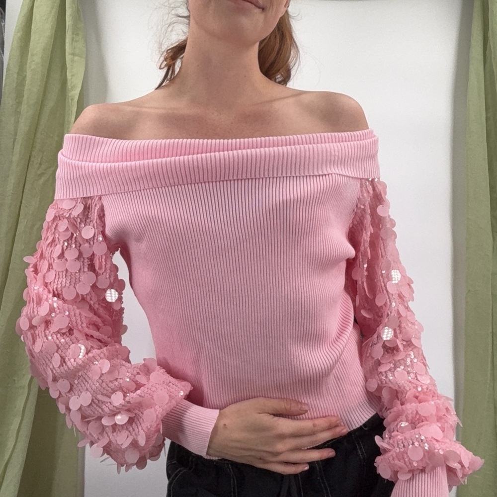 NWT Madden Girl Pink Off-Shoulder Sweater with Sequin Sleeves
